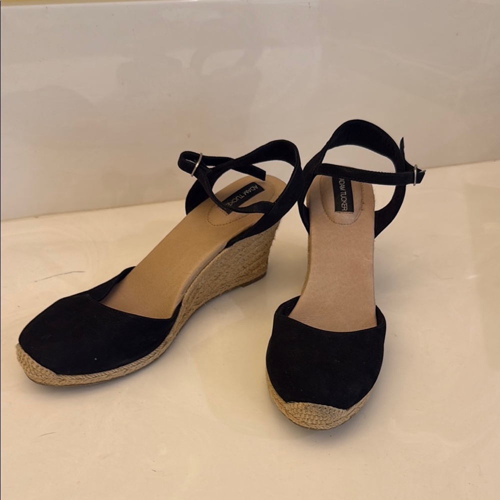 Adam Tucker Black and Tan Wedge Sandals